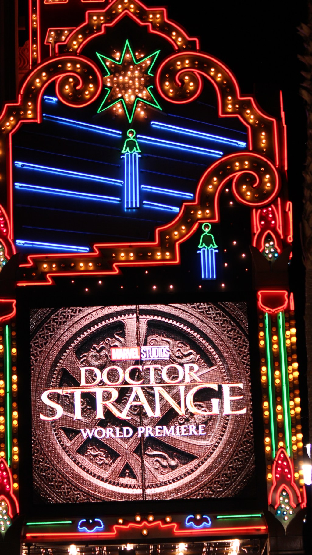 Image of theater marquee saying Doctor Strange World Premiere